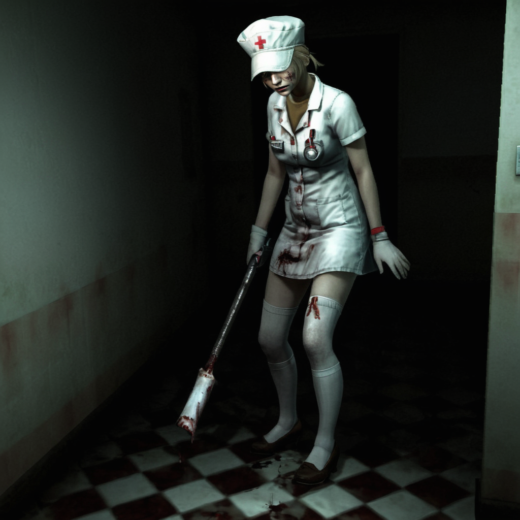 sh3heather, a very dark hospital, checkered floor, a nurse is bent over, holding weapon, nurse hat, white leggings, heels, shadow, horror /(theme/) <lora:sh3heather:0.6>