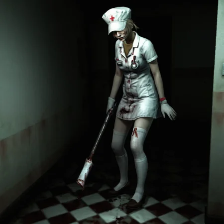 sh3heather, a very dark hospital, checkered floor, a nurse is bent over, holding weapon, nurse hat, white leggings, heels, shadow, horror /(theme/) <lora:sh3heather:0.6>