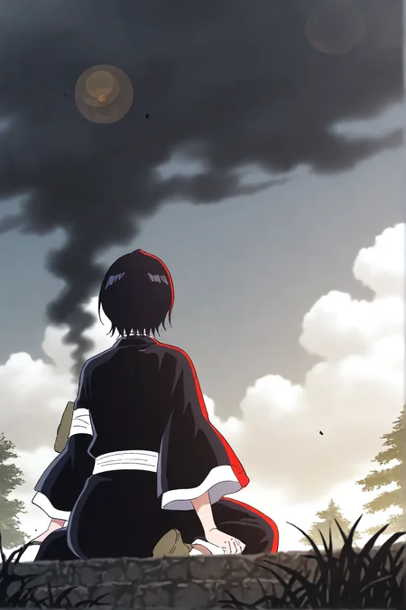 masterpiece, best quality, dark grey background, indoors, cinematic lighting, lens flare, flying debris, dust, smoke, amazing quality, very aesthetic, absurdres, best quality, newest, year 2023, Kuchiki Rukia, Shinigami Outfit, cloud, day, grass, nature, outdoors, sitting, sky, solo, tree, wariza <lora:JN_Kuchiki_Rukia_TYBW_Illus:0.8>