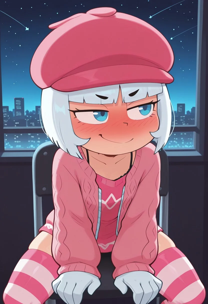 m1w1_sty, (looking to side, detailed eyes), full-face blush, surprised, traditional media, "hey~ senpai~", spread legs, straddling chair, 1girl, round face, soft features, cheeky expression, taffytawir, white hair, bangs covering forehead, blue eyes, black eyebrows, short hair, blunt bangs, bob cut, pink headwear, pink dress, white gloves, striped thighhighs, pink footwear, ripped jeans, dramatic lighting, smirk, oversized knit sweater jacket, open jacket, starry backdrop, soft gradients, intricate patterns, dynamic lighting, skinny, flat chest, petite, bra strap, leaning forward, curious, cowboy shot, dark ambience, side lighting, sexy, celestial theme, magical ambiance, cityscape, arched windows,