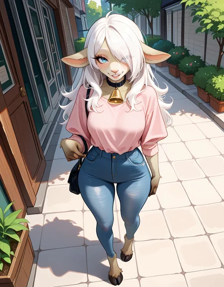 masterpiece, best quality, very aesthetic, absurdres,
outdoors, casual,
full body, posing,
seductive smile, parted lips, long eyelashes,
<lora:Ann_v01_NAIXL:1>
4nn3,1girl,solo,furry,furry female,animal ears,white hair,long hair,hair over one eye,blue eyes,snout,animals nose,collar,neck bell,body fur,white fur,tail,hooves,