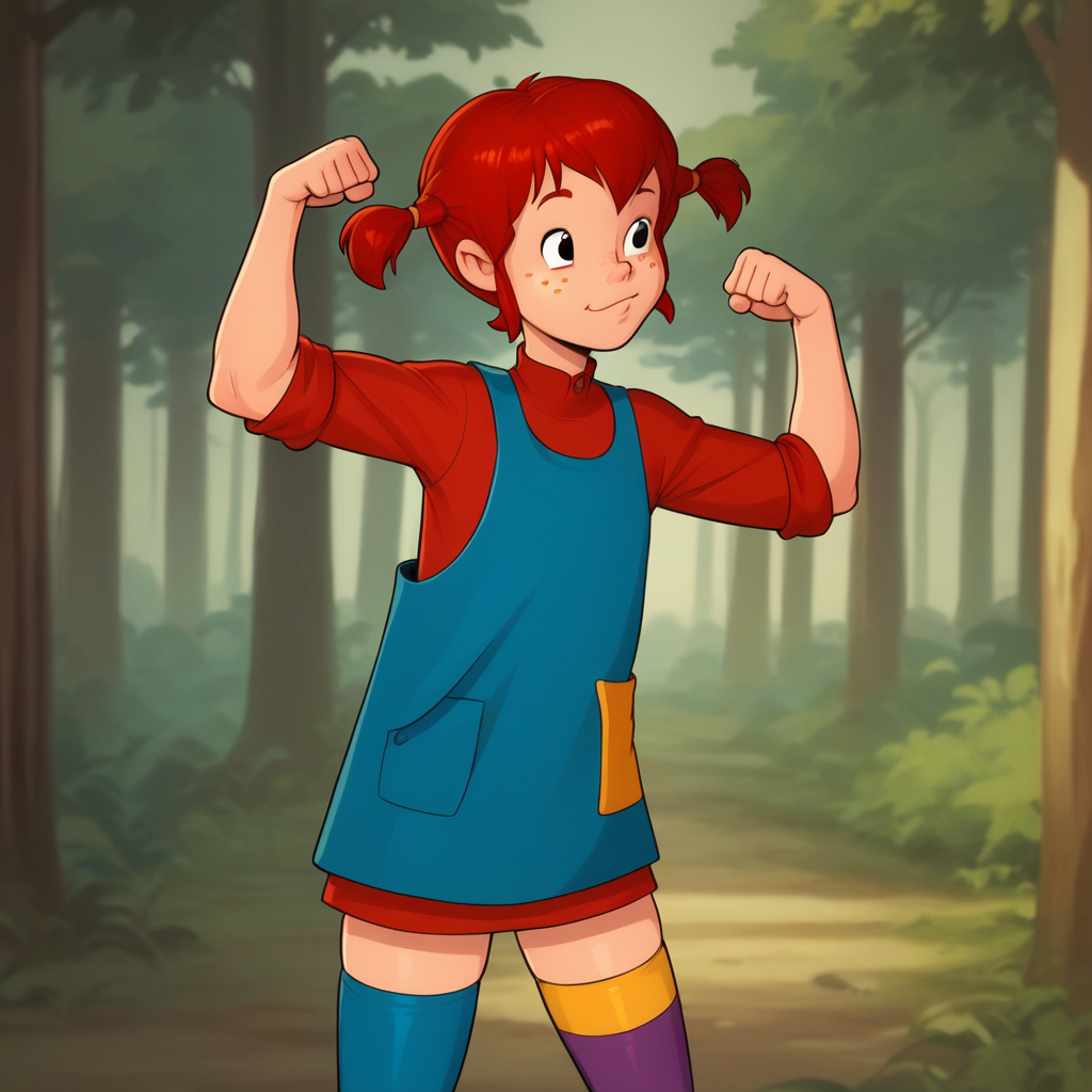 score_8_up, BREAK, Pippi, 1girl, solo, red hair, short twintails, black eyes, freckles,  red dress,  blue overalls, thighhighs, mismatched legwear, multicolored legwear, asymmetrical legwear, <lora:Pippi_Longstocking_PXL_Leaf2:0.8>, forest, blurry background,  cowboy shot, flexing,