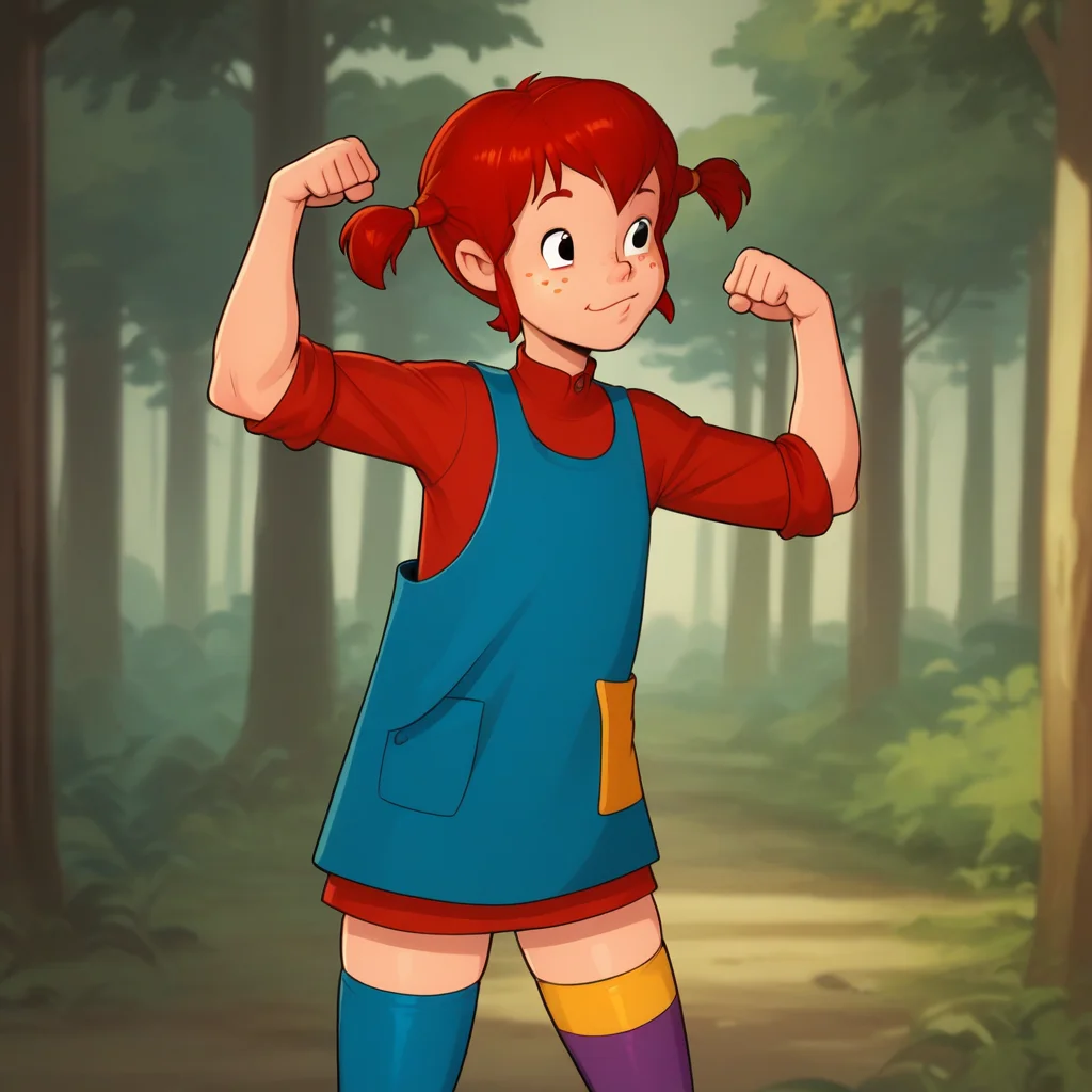 score_8_up, BREAK, Pippi, 1girl, solo, red hair, short twintails, black eyes, freckles,  red dress,  blue overalls, thighhighs, mismatched legwear, multicolored legwear, asymmetrical legwear, <lora:Pippi_Longstocking_PXL_Leaf2:0.8>, forest, blurry background,  cowboy shot, flexing,