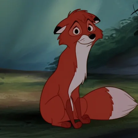 Todd, fox, solo, male, Disney, cartoon, 2D, black eyes, tail, sitting, smiling, looking at viewer