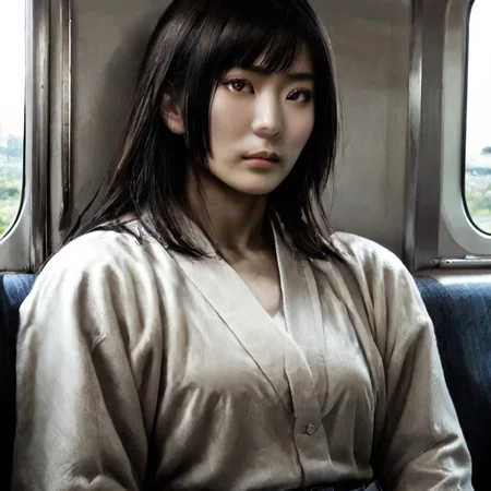 score_9, score_8_up, score_7_up, masterpiece, very high quality, japanese woman, asian face, 1 girl, high cheekbones, flat nose, very wide face, grey eyes, gray eyes, sitting, white shirt, jeans, epiCPhoto, legsonthetra1n, from front, sitting across from viewer, train interior, leg focus