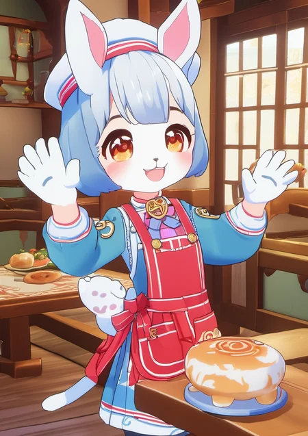 1girl,  mels04,  apron, long sleeves, indoors, beret, light smile, waving, pawpads, <lora:0_GI_Mels_All_In_One_00_00_002:0.7>