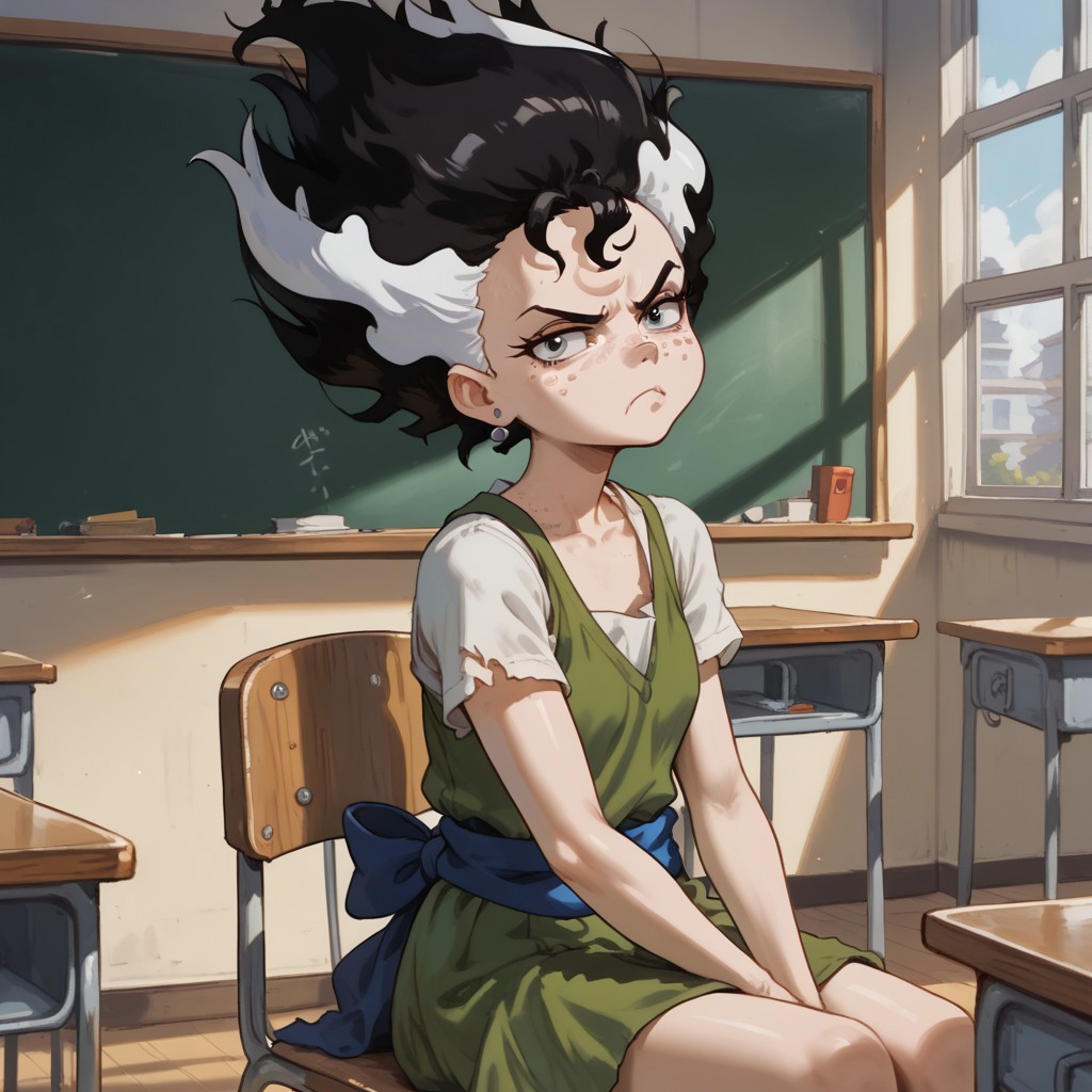 score_9, score_8, score_7, break, elsafrank_sd, 1girl, multicolored hair, freckles, dress, sash, sitting, classroom, scowl, looking at viewer