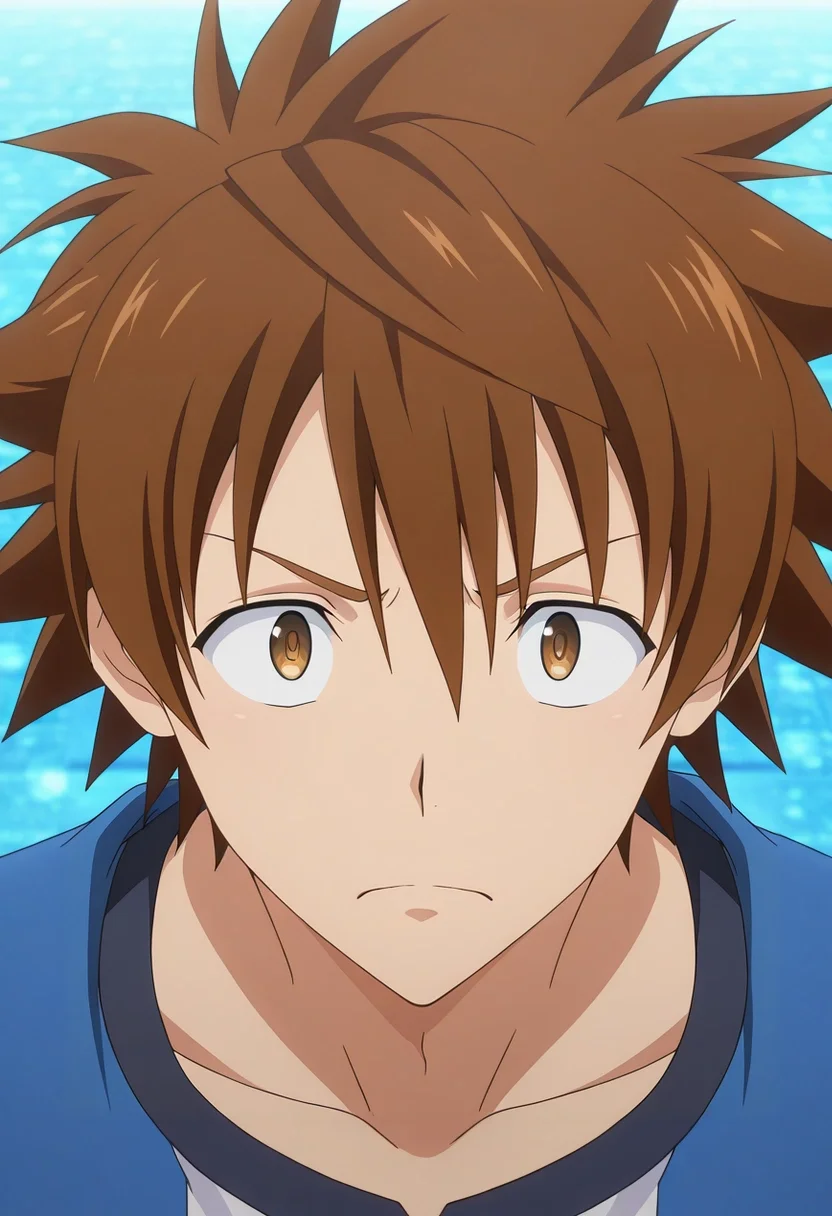 masterpiece, best quality, , anime screencap, anime coloring, official style, looking at viewer, 1boy, solo, male focus, <lora:rito_yuuki_ilxl:0.98>, rito_yuuki, brown hair, brown eyes, spiked hair, disappointed expression, slouched posture, wide eyes, resting pose, soft light,