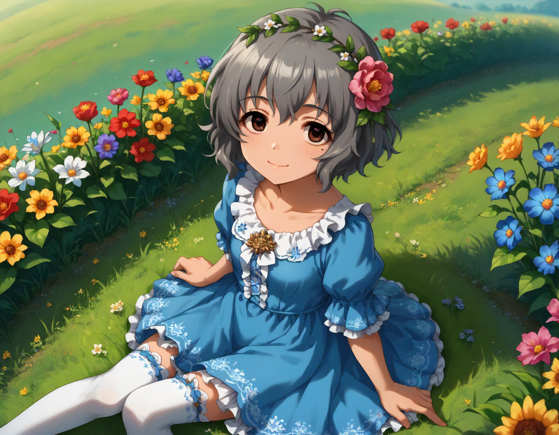 score_9,score_8_up,score_7_up,1girl,solo,sitting,smile,looking at viewer,from above,flower field,
<lora:narumiyayume_ponyXLV6:0.8>,cgnym,
grey hair,short hair,brown eyes,mole under eyes,small breasts,
hair flower,frilled blue dress,white thighhighs