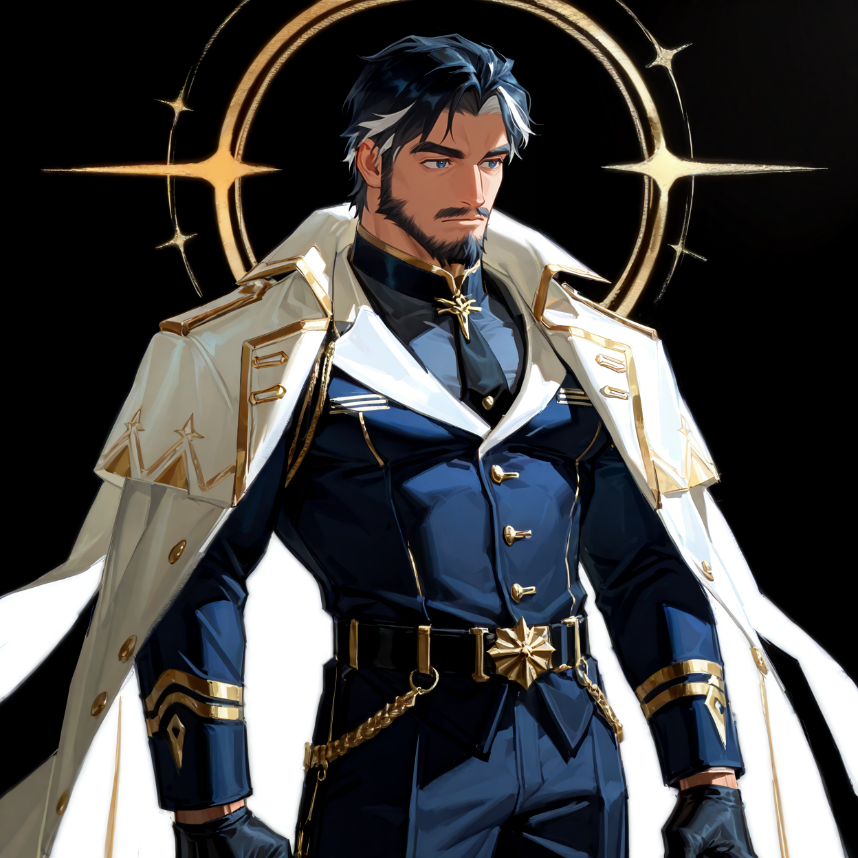 <lora:Yhan__Wuthering_Waves-000009:.7>, Yhan, Black Hair, white highlights, blue eyes, mustache, goatee,, White shawl coat, black gloves,
cowboy shot,
(very short hair, beard, bara, mature, facial hair, stubble, beard, full beard, sideburn, beard, a lot of beard, ), facial hair,male focus, muscular male, muscular male, bara, mature,  bara, mature, aixiwuganda_(20222192), very awa, masterpiece, best quality, absurdres, newest, perfect quality, detailed background, intricate details,
<lora:slider_Body Type_alpha1.0_rank4_noxattn_last:3><lora:Anime Summer Days 2 Style SDXL_LoRA_Pony Diffusion V6 XL:.6><lora:slider_cfg_scale_boost:.7><lora:Artist6p:.55>, Artist6p, Artist04p,<lora:slider_il_brightness_slider_d1:-1><lora:slider_il_contrast_slider_d1:-1><lora:slider_DarkSlider1.2_alpha1.0_rank16_full_300steps:-.6><lora:slider_contract_controller_illus01_v1:.5>,
