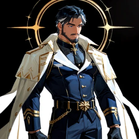 <lora:Yhan__Wuthering_Waves-000009:.7>, Yhan, Black Hair, white highlights, blue eyes, mustache, goatee,, White shawl coat, black gloves,
cowboy shot,
(very short hair, beard, bara, mature, facial hair, stubble, beard, full beard, sideburn, beard, a lot of beard, ), facial hair,male focus, muscular male, muscular male, bara, mature,  bara, mature, aixiwuganda_(20222192), very awa, masterpiece, best quality, absurdres, newest, perfect quality, detailed background, intricate details,
<lora:slider_Body Type_alpha1.0_rank4_noxattn_last:3><lora:Anime Summer Days 2 Style SDXL_LoRA_Pony Diffusion V6 XL:.6><lora:slider_cfg_scale_boost:.7><lora:Artist6p:.55>, Artist6p, Artist04p,<lora:slider_il_brightness_slider_d1:-1><lora:slider_il_contrast_slider_d1:-1><lora:slider_DarkSlider1.2_alpha1.0_rank16_full_300steps:-.6><lora:slider_contract_controller_illus01_v1:.5>,