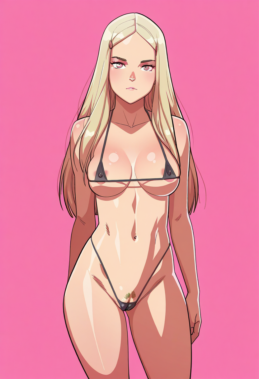 masterpiece, best quality,
 <lora:Tekuho_Style:1> T3kuh0, 1girl, solo,standing,looking at viewer,blonde hair, long hair, medium breasts, curvy,black bikini, micro bikini, highleg bikini,cameltoe, female pubic hair, covered nipples, areola slip,pink background, simple background,