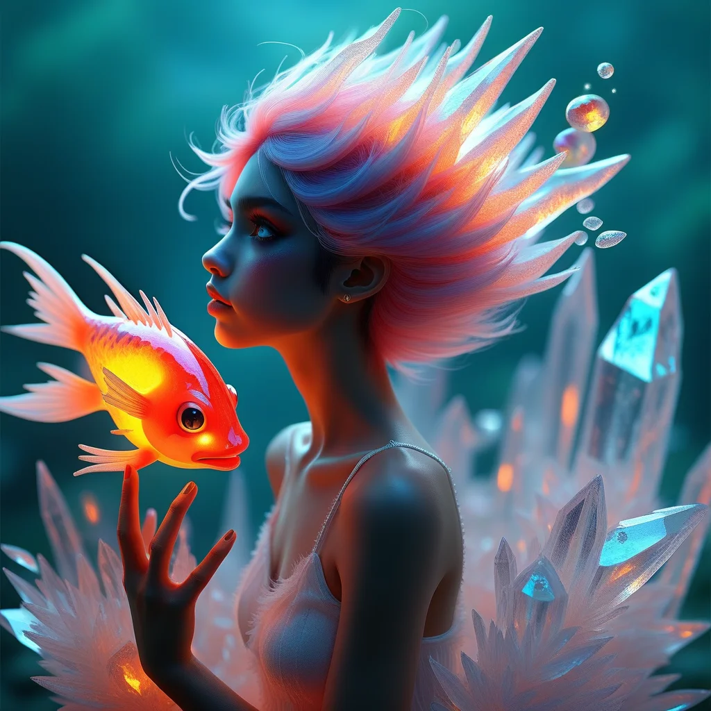 pokemon (creature), crystal, monster girl, nature, hair ornament, fish, 1girl, animal focus, fire, scenery