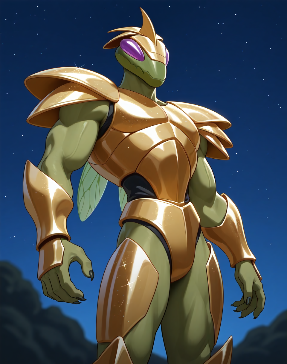 <lora:Hyper_Katris_(Shinzo)_(Illustrious)_(AD):1> Hyper Katris, mantis, Shinzo, 
((
exterior, anime night sky, anime mountains, bent leg, cowboy shot, 
dynamic action, insect anthro, male focus, strong warrior, manly, bounty hunter villain, gold armor, green body, manly, masculine, glitter armor, 
)),
BREAK: very awe, aesthetically pleasing, masterpiece, best quality, amazing quality, very aesthetic, perfect depth of field shot, gradient coloring, subsurface reflections, source_furry, furry_art, 
masterpiece, best quality, amazing quality, very aesthetic, high resolution, ultra-detailed, absurdres, newest, scenery, {Prompt}, BREAK, detailed background, volumetric lighting,
BREAK: lazympos, lazypos (3),