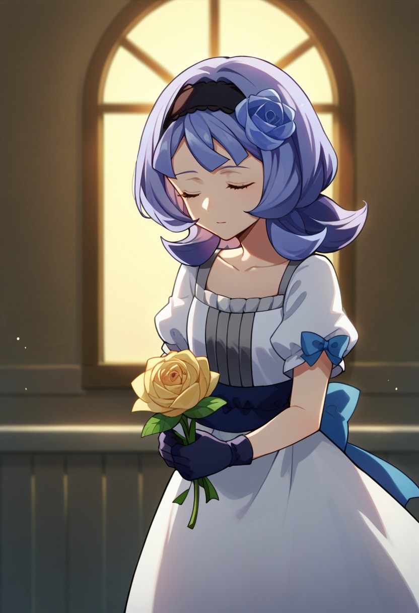 Score_9, score_8, score_7, source_anime, almiriabauduin, bow, holding flower, gloves, collarbone, 
white dress, puffy short sleeves, hair flower, short sleeves, closed eyes