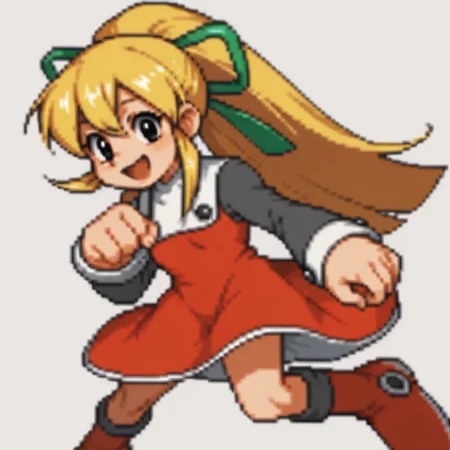 score_9, score_8_up, score_7_up BREAK RollMvC, 1girl, blonde hair, ponytail, black eyes, green ribbon, white collar with black buttons, red dress, long gray sleeves, white cuffs, red white boots, cowboy shot, closeup, smiling at viewer,