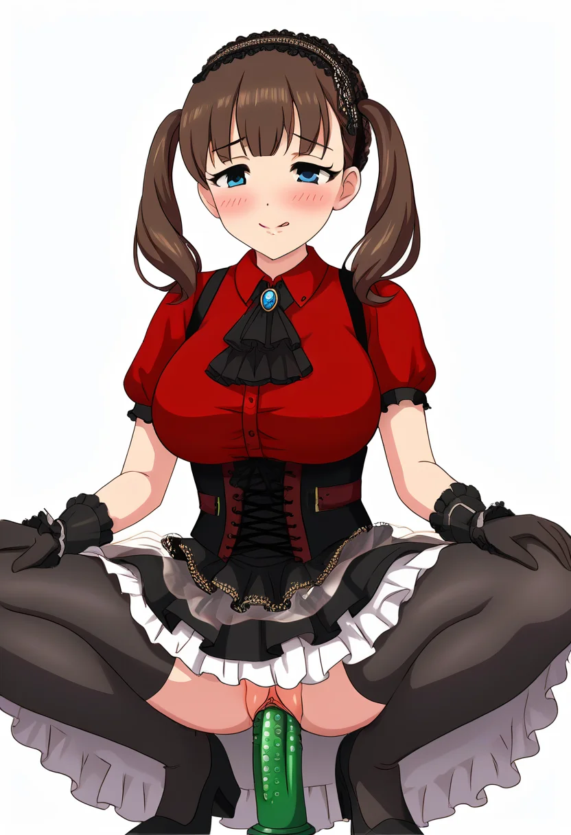 source_anime, masterpiece,best quality, highly detailed,cinematic,anime screencap,
<lora:sakumamayu_ponyXLV6:0.8>,cgsmmy,
brown hair,medium hair,blue eyes,twintails ,
hairband,
1 girl,nsfw,white complexion,blushing,uncensored,
solo, :q, licking_lips,closed_mouth,
<lora:saki_blac_cors24:0.8>,dress,black dress,layered dress,skirt,black skirt
layered skirt,frilled skirt,shirt,red shirt,collared shirt,corset,
black gloves,black ascot,
jewelry,brooch,short sleeves,puffy short sleeves,
black pantyhose,frills,
((huge_breasts)),(two breast),no pubic hair,
pussy,vaginal,hands on own knees, dildo,dildo riding,facing viewer,
object insertion,vaginal object insertion,spread legs,squatting,white background,
