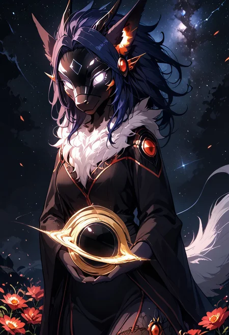 Expressiveh, masterpiece, raw quality, best quality, extremely detailed, stunning beautiful, high definition, HD, score_9, score_8_up, score_7_up, (female anthro dragon furred), fur, fur tail, black protogen mask, long ears, fluffed hair, thigh high, stockings, medium breast, folded wings, (black fur, neck tuft, chest tuft, white eyes), sexy figure, outdoors, milky way, field, night, vivid colors, DNDFG, Detailed drawing, mythp0rt, Anime_Ecchi Style, Atmosphere: Moist, (intricate details), Illustration, beautiful detailed, (high resolution illustration), holding black hole, black hole in hand, black hole,