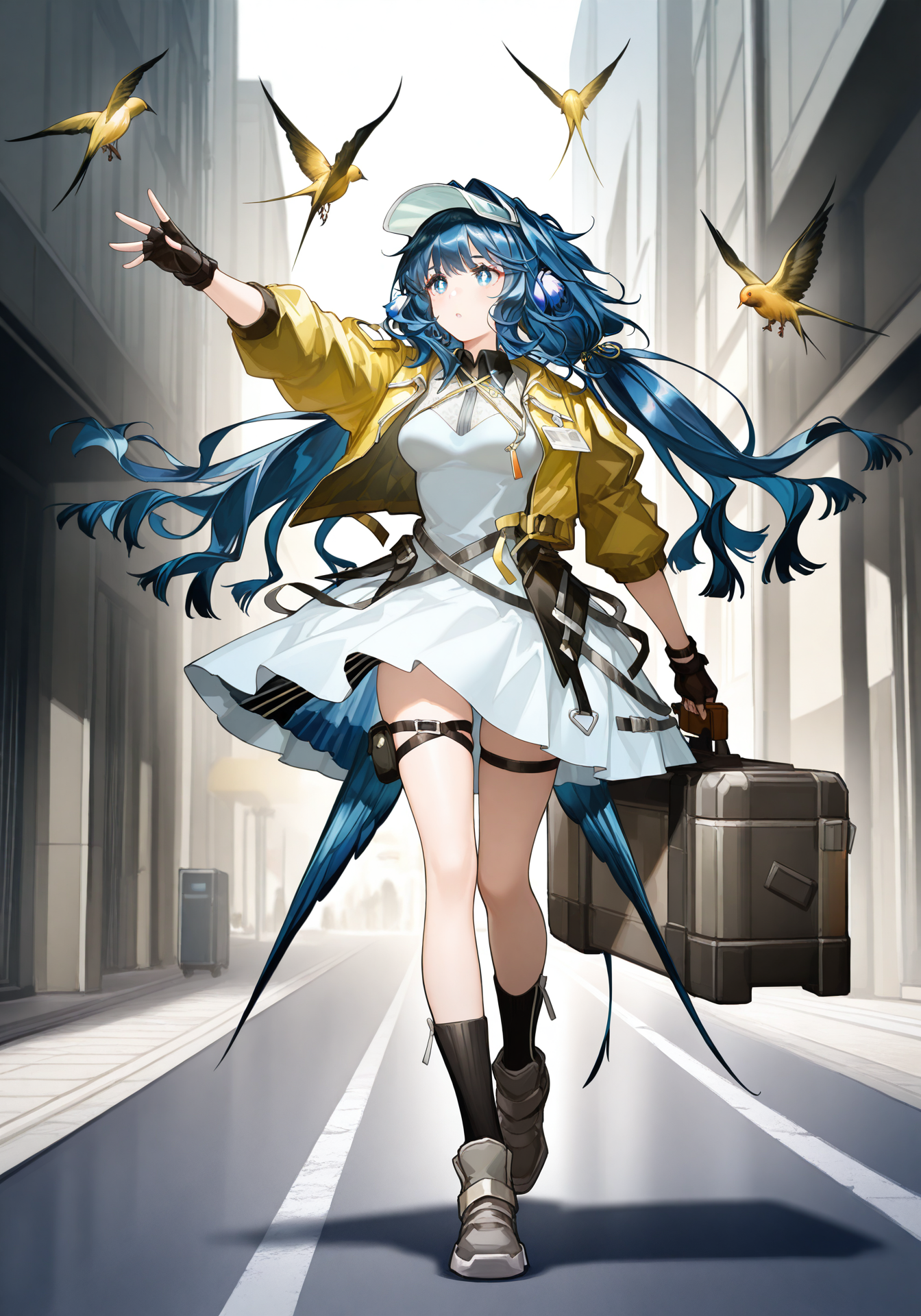arknightsgame,arkbg,masterpiece,best quality,amazing quality,very aesthetic,high resolution,ultra-detailed,absurdres,
1girl,solo,Astesia,blue eyes,white pupil,bird tail,long hair,blue hair,bird girl,medium breasts,
astesia_\(fantastic_crafts\)_\(arknights\),yellow jacket,open jacket,white dress,grey boots,black fingerless gloves,black socks,visor cap,low twintails,thigh strap,thigh pouch,
dynamic pose,case,holding case,walking,street,golden bird,
<lora:AstesiaILREV1.0-000003:1>,arkbg,<lora:ArknightsGameStyleILV1:0.8>,