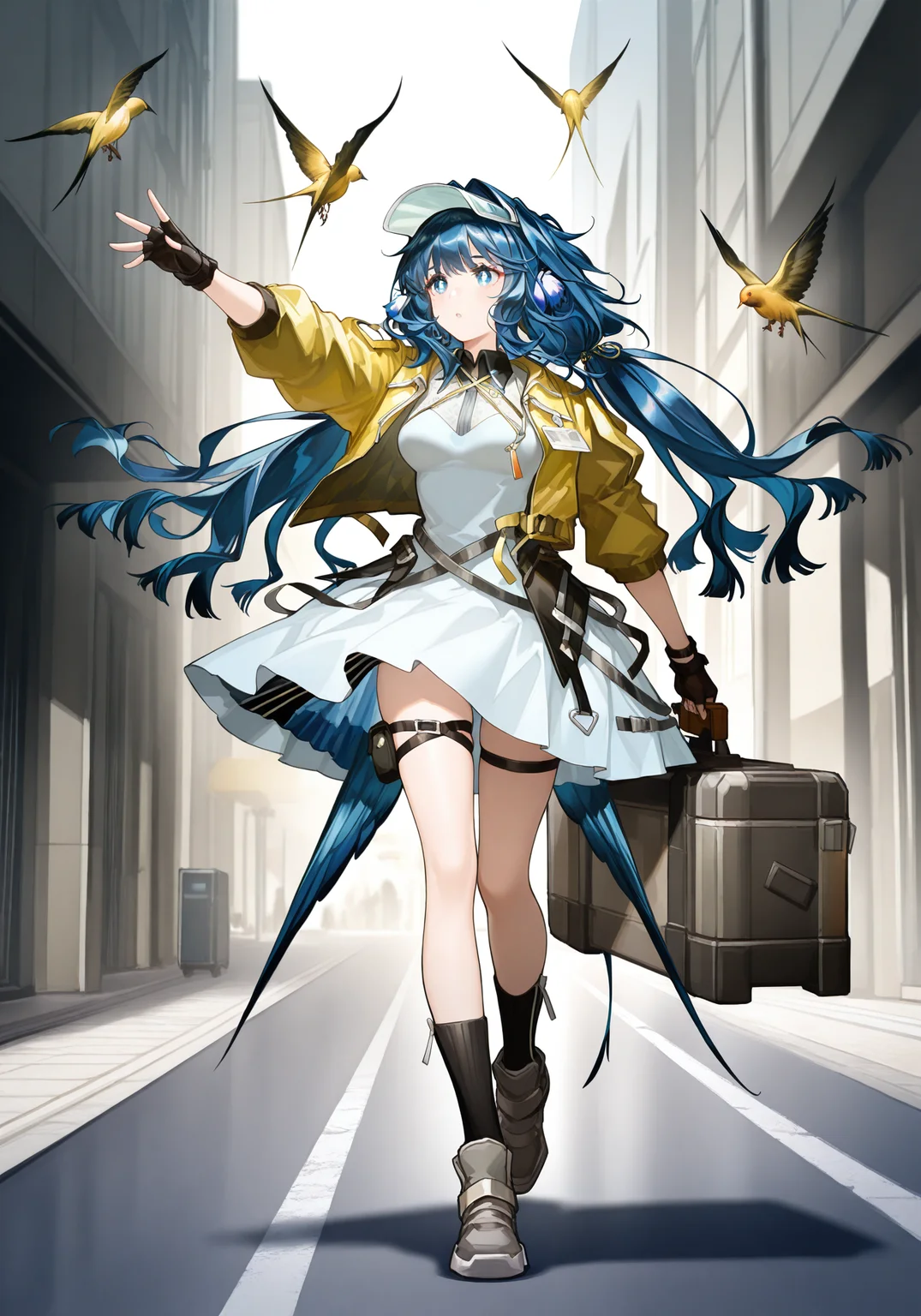 arknightsgame,arkbg,masterpiece,best quality,amazing quality,very aesthetic,high resolution,ultra-detailed,absurdres,
1girl,solo,Astesia,blue eyes,white pupil,bird tail,long hair,blue hair,bird girl,medium breasts,
astesia_\(fantastic_crafts\)_\(arknights\),yellow jacket,open jacket,white dress,grey boots,black fingerless gloves,black socks,visor cap,low twintails,thigh strap,thigh pouch,
dynamic pose,case,holding case,walking,street,golden bird,
<lora:AstesiaILREV1.0-000003:1>,arkbg,<lora:ArknightsGameStyleILV1:0.8>,