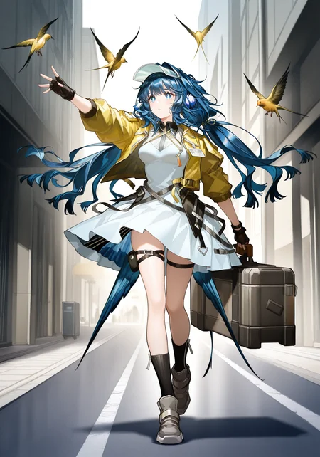 arknightsgame,arkbg,masterpiece,best quality,amazing quality,very aesthetic,high resolution,ultra-detailed,absurdres,
1girl,solo,Astesia,blue eyes,white pupil,bird tail,long hair,blue hair,bird girl,medium breasts,
astesia_\(fantastic_crafts\)_\(arknights\),yellow jacket,open jacket,white dress,grey boots,black fingerless gloves,black socks,visor cap,low twintails,thigh strap,thigh pouch,
dynamic pose,case,holding case,walking,street,golden bird,
<lora:AstesiaILREV1.0-000003:1>,arkbg,<lora:ArknightsGameStyleILV1:0.8>,