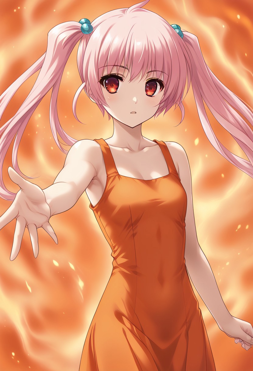 1girl, solo, oukananase, pink hair, long hair, twintails, hair bobbles, red eyes, orange dress, sleeveless, collarbone, dressof ire, dress of fire, fire dress, reaching out, parted lips, fire background, cowboy shot,