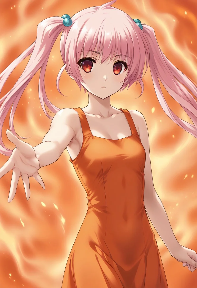 1girl, solo, oukananase, pink hair, long hair, twintails, hair bobbles, red eyes, orange dress, sleeveless, collarbone, dressof ire, dress of fire, fire dress, reaching out, parted lips, fire background, cowboy shot,