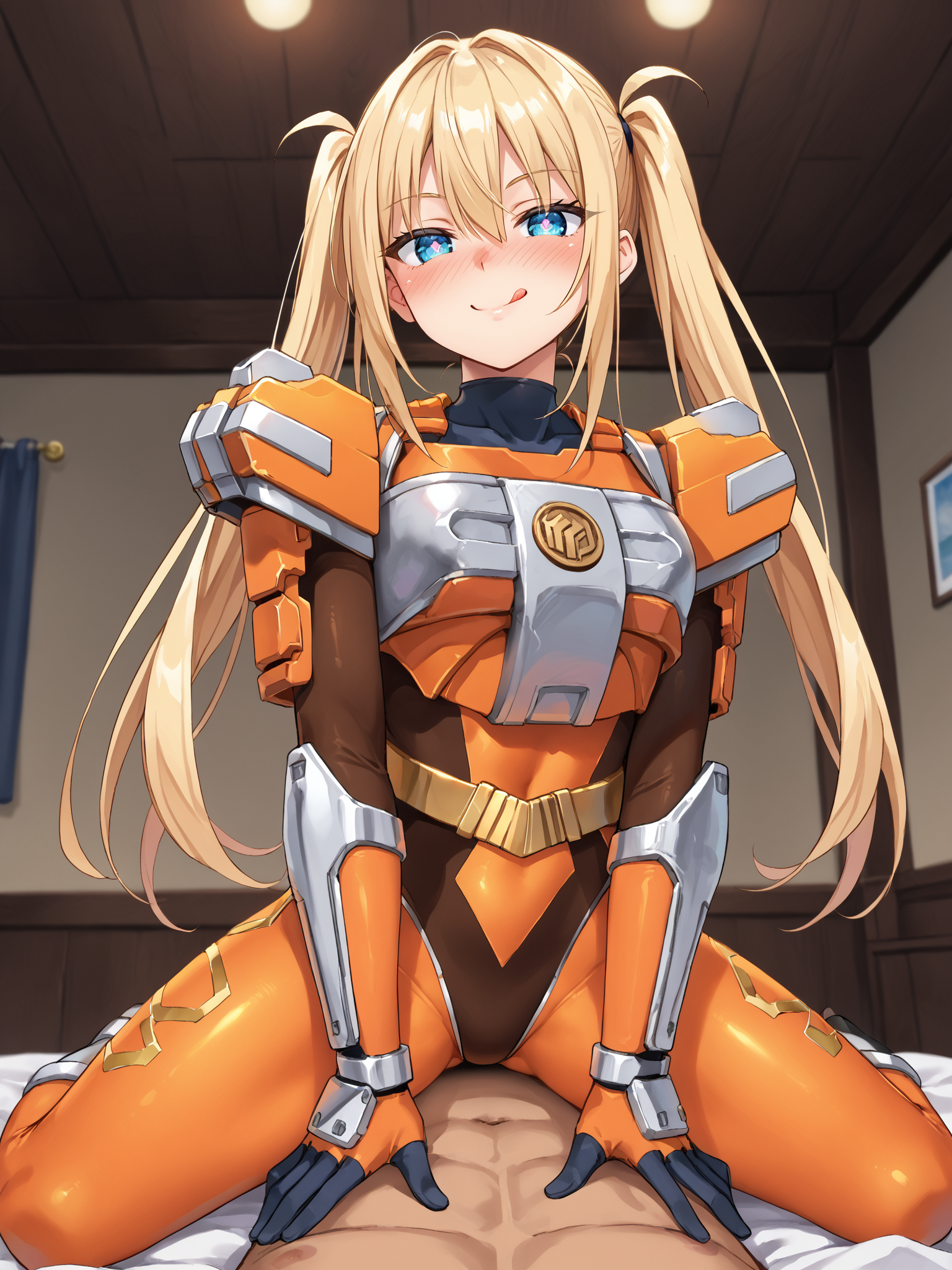 score_9, score_8_up, score_7_up, 1girl, solo focus, source_anime, BREAK,
sazervisuel, orange bodysuit, brown leotard, belt, armor, gauntlets, black gloves, <lora:Sazer_Visuel-000012:1>, BREAK,
long twintails, blonde hair, hair between eyes, sidelocks, blue eyes, BREAK,
smile, looking at viewer, full-face blush, half-closed eyes, heart-shaped pupils, closed mouth, tongue out, licking lips, BREAK,
straddling, cowgirl position, girl on top, BREAK,
1boy, pov, clothed female nude male, BREAK,
from below, indoors, hotel, on bed