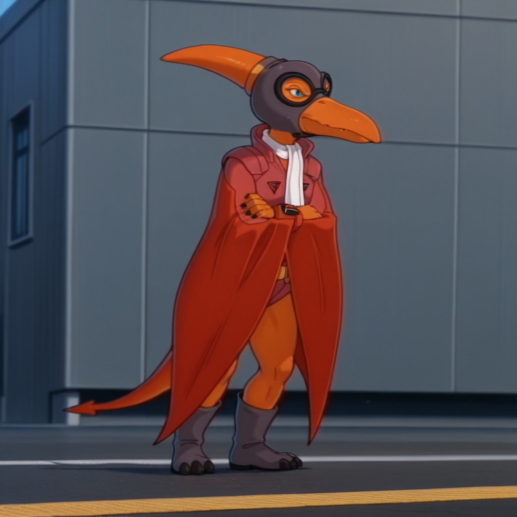 masterpiece, best quality, amazing quality,DactylDsil, anthro, male, pterosaur, orange skin,blue blue eyes, winged arms, dark orange wings, red leotard, white scarf, black goggles, grey aviation helmet, grey boots, dark orange wristbands, grey belt, yellow belt pouch, outside, crossed arms, solo