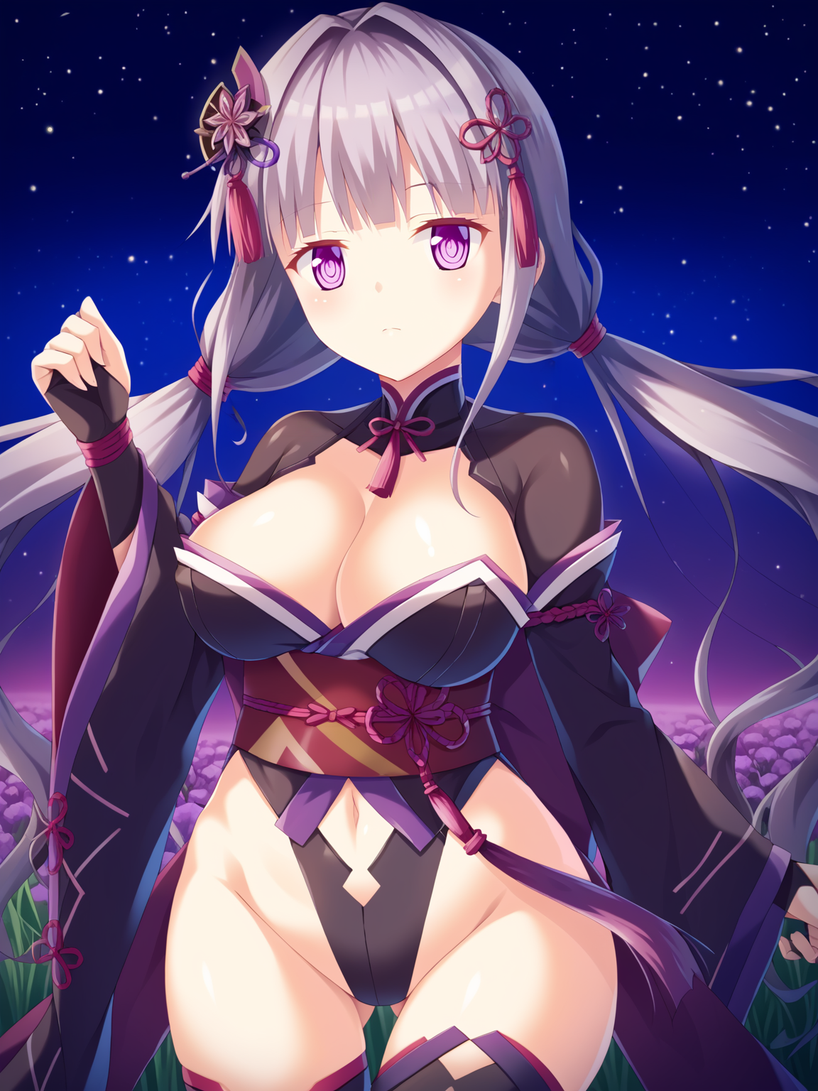 <lora:Escude_-_Yamizome_Liberator_-_All_in_One:1>,escude,uta,1girl,breasts,solo,thighhighs,long hair,purple eyes,large breasts,black thighhighs,twintails,hair ornament,japanese clothes,dark persona,corruption,navel cutout,highleg,bridal gauntlets,navel,very long hair,sash,cleavage,low twintails,clothing cutout,wide sleeves,bangs,obi,leotard,highleg leotard,grey hair,outdoors,starry sky,flower field,, score_9, score_8_up, score_7_up,source_anime,(masterpiece),(best quality),(ultra-detailed),(best illustration),(best shadow),(absurdres),(detailed background),(very aesthetic),source_anime