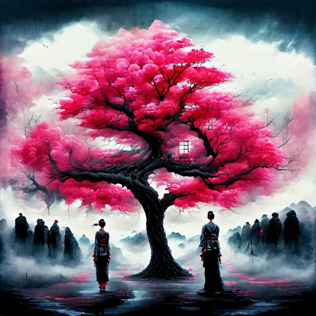 gigantic pink cherry blossom tree,1girl,full body,(arm around back:1.1),1lady standing,(looking at the viewer:1.7),detailed face,detailed eyes,dramatic lighting,Chinese style,fix,<lora:zwd_v2_SDXL:1>zwd,