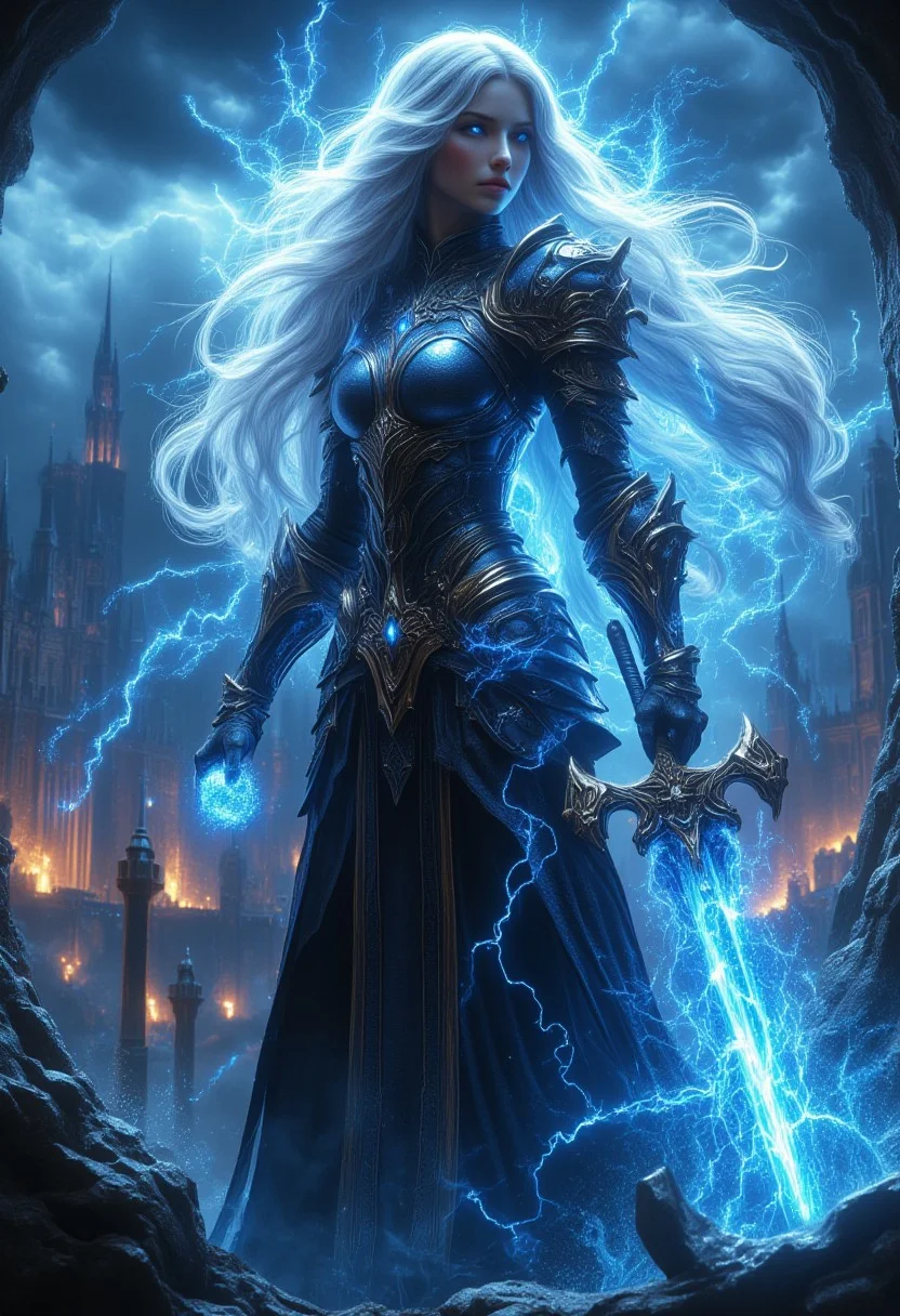 "A powerful female warrior stands tall on a rocky ledge, surrounded by an epic dark fantasy landscape. She has long, flowing silver hair that glows with energy, with strands dancing in the air as if infused with magic. Her piercing eyes reflect an otherworldly strength, while her face conveys both wisdom and determination. She wears intricately designed dark, metallic armor with gold accents, combining a regal and menacing appearance. The armor is highly detailed with sharp edges and a mystical blue glow emanating from various points, particularly around her shoulders and chest.
In her right hand, she holds a massive, ornate staff or spear, crackling with ethereal blue lightning, and in her left, a swirling ball of raw magical energy. The sky behind her is dark and ominous, with towering gothic spires and ancient castles in the distance, illuminated by the faint glow of fires or molten lava. Her presence is dominant, as though she commands both the elements and the battleground before her. Blue energy arcs around her figure, and the backdrop contributes to the dramatic, intense atmosphere, with swirling clouds and flashes of lightning adding to her commanding presence. The setting feels ancient, mystical, and charged with tension, capturing the essence of an all-powerful sorceress in the midst of an epic battle."