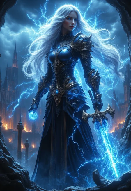 "A powerful female warrior stands tall on a rocky ledge, surrounded by an epic dark fantasy landscape. She has long, flowing silver hair that glows with energy, with strands dancing in the air as if infused with magic. Her piercing eyes reflect an otherworldly strength, while her face conveys both wisdom and determination. She wears intricately designed dark, metallic armor with gold accents, combining a regal and menacing appearance. The armor is highly detailed with sharp edges and a mystical blue glow emanating from various points, particularly around her shoulders and chest.
In her right hand, she holds a massive, ornate staff or spear, crackling with ethereal blue lightning, and in her left, a swirling ball of raw magical energy. The sky behind her is dark and ominous, with towering gothic spires and ancient castles in the distance, illuminated by the faint glow of fires or molten lava. Her presence is dominant, as though she commands both the elements and the battleground before her. Blue energy arcs around her figure, and the backdrop contributes to the dramatic, intense atmosphere, with swirling clouds and flashes of lightning adding to her commanding presence. The setting feels ancient, mystical, and charged with tension, capturing the essence of an all-powerful sorceress in the midst of an epic battle."