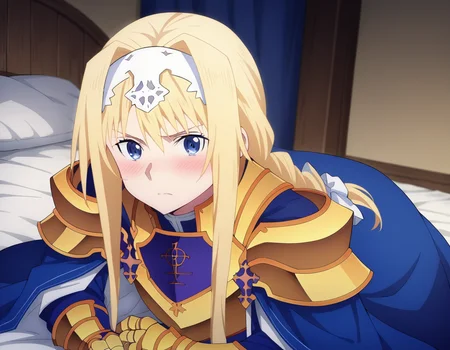 score_9, score_8_up, score_7_up, source_anime,
alicezuberg, <lora:alice-zuberg-s3-ponyxl-lora-nochekaiser:1>,
alice zuberg, bangs, blue eyes, blonde hair, hair between eyes, very long hair, braid, hairband, white hairband,
dress, cape, armor, blue dress, shoulder armor, gauntlets, pauldrons, breastplate, armored dress, faulds, blue cape, knight, gold armor, body armor,
indoors, bed, bed room, on side, blush, drunk,
solo, looking at viewer, cowboy shot, dutch angle,