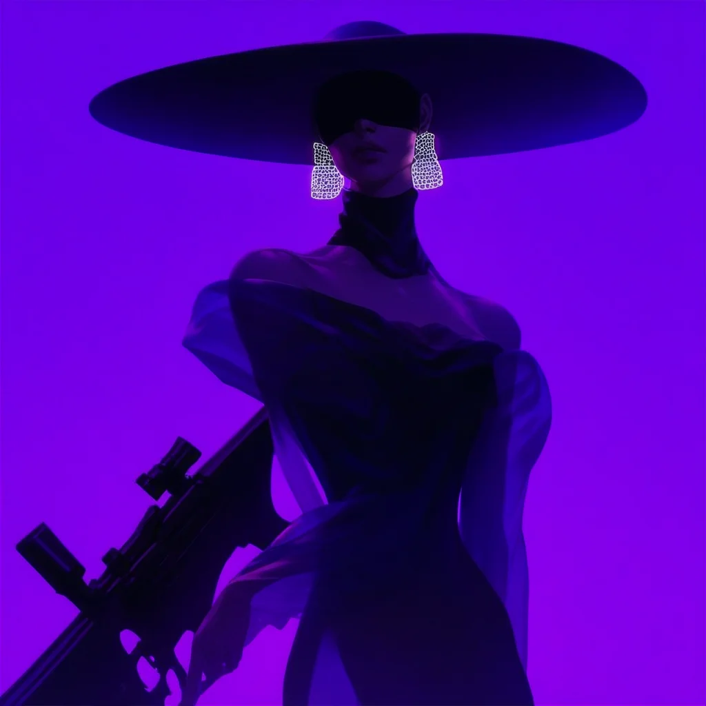 aaAR7fl,score_9,score_8_up,score_7_up,best aesthetic, intriguing details,Chanel fashion campaign, haute couture,1girl, solo, black dress, off shoulders, glowing earrings, see-through, blindfold, wide brim hat, sniper aiming, purple gradient background,
