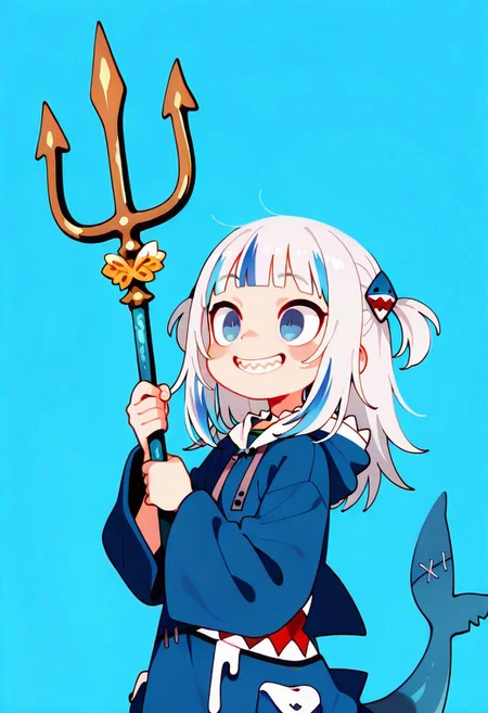 masterpiece,best quality,amazing quality, solo, Gawr_Gura, BLUE HOODIE, SHARK HOOD,simple background, blue background,haiz_ai, no lineart,no outline, <lora:ponyv6_noobE11_2_adamW-000017:0.3> <lora:MeMaXL4:0.8> <lora:veluflora-wai:0.4> <lora:haiz_ai_illu:0.7>cute pose,holding sea trident,sharp teeth,smile,close eyes,blue hair, grey hair, streaked hair, blunt bangs, fish tail, shark tail, hair ornament, shark girl, shark hair ornament,