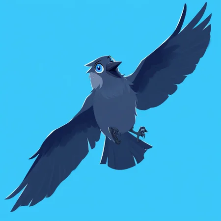 jackdaw, corvid, bird, feral, animal focus, fullbody, solo, huge eyes, light blue eyes, flying, spread wings, open beak, [looking at viewer], (illustration, hydrabb, dandy_\(artist\), projecttiger, toony:1.05), abstract background, blue background, general, year 2024, masterpiece, best quality, absurdres, very aesthetic, very awa