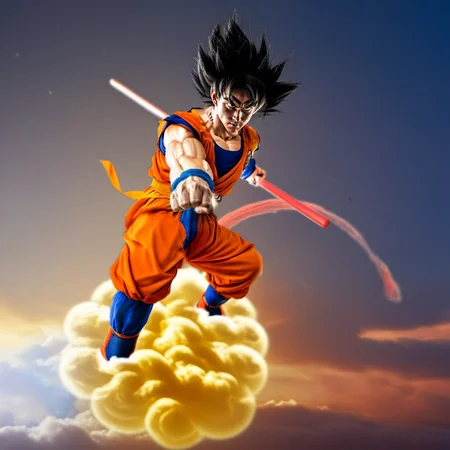 Goku1024 ,  photography of a man, flying on a yellow cloud, clenched fist, holding a red stick, highly detailed, photography, ultra sharp, film, bokeh, professional, 64k  <lora:Goku1024-000340:0.8>