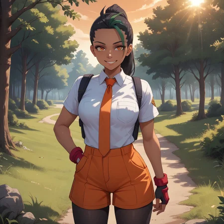 score_9, score_8, BREAK, 1girl, solo, nemona (pokemon), smile, black hair, two-tone hair, dark skin, dark skin female, orange eyes, naranja academy school uniform, white shirt, orange necktie, single glove, fingerless gloves, orange shorts, pocket, black pantyhose, red footwear, sexy pose, self portrait, smile, outdoors, sunlight, shadows, evening lighting, natural lighting, forest, trees, grass, orange sky, sunset