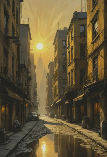 (((As you continue your journey, the sun begins to dip below the horizon, bathing the city in a golden glow. Shadows stretch out like tendrils, creeping across the cobblestones and engulfing the buildings in their embrace. The air grows cooler, the scent of damp earth mingling with the aroma of exotic spices wafting from the marketplaces. The sounds of laughter and music fade away, replaced by the distant rumble of machinery and the harsh, metallic clangor of industry.))), ((Beautiful painting, brush strokes, digital art, extremely detailed illustration, cinematic, vast, epic, incredible perspective, breathtaking, awe-inspiring, intricate design, meticulous detail, concept art))