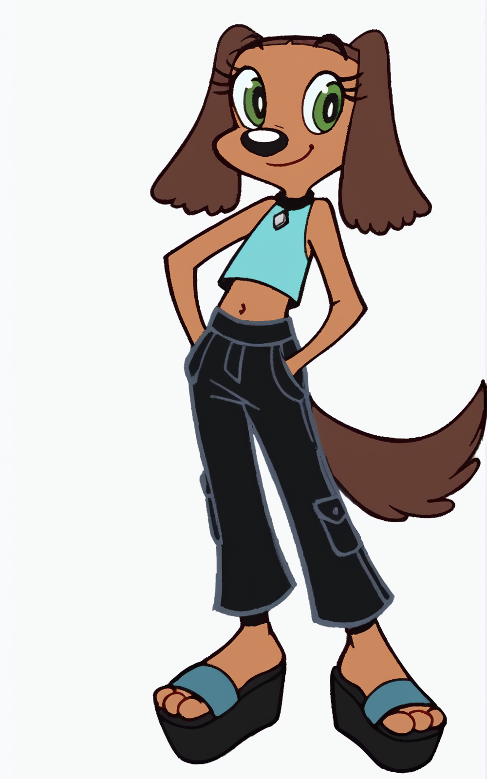 score_9, score_8_up, score_7_up,((best quality)), absurdres, ((full body)), <lora:BolivanteStyle:0.8>,  <lora:TiffanyTurlingtonPXL:0.8>,TiffanyTurlingtonPXL,brown hair, shirt, navel, animal ears, green eyes, tail, sleeveless,midriff, pants,black pants, sandals, blue shirt, dog ears, furry, dog tail, furry female, dog girl,platform footwear, white background,pockets,brown skin,smile