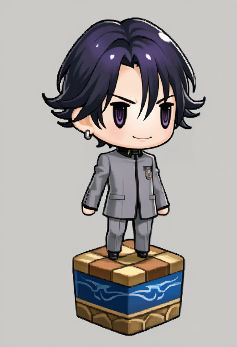 score_9, score_8_up, score_7_up, source_anime, 1boy, solo, smile
<lora:zs_PictlogicaStyleXL:1> ffpictlogicastyle, chibi, full body, faux figurine, white background
 <lora:-pdxl_Fp:1> naoyap1, school uniform, purple eyes, grey pants, single earring, emblem, black shoes