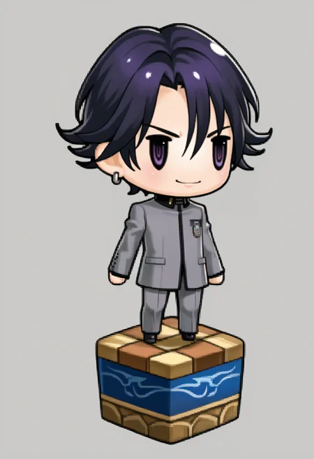 score_9, score_8_up, score_7_up, source_anime, 1boy, solo, smile
<lora:zs_PictlogicaStyleXL:1> ffpictlogicastyle, chibi, full body, faux figurine, white background
<lora:-pdxl_Fp:1> naoyap1, school uniform, purple eyes, grey pants, single earring, emblem, black shoes