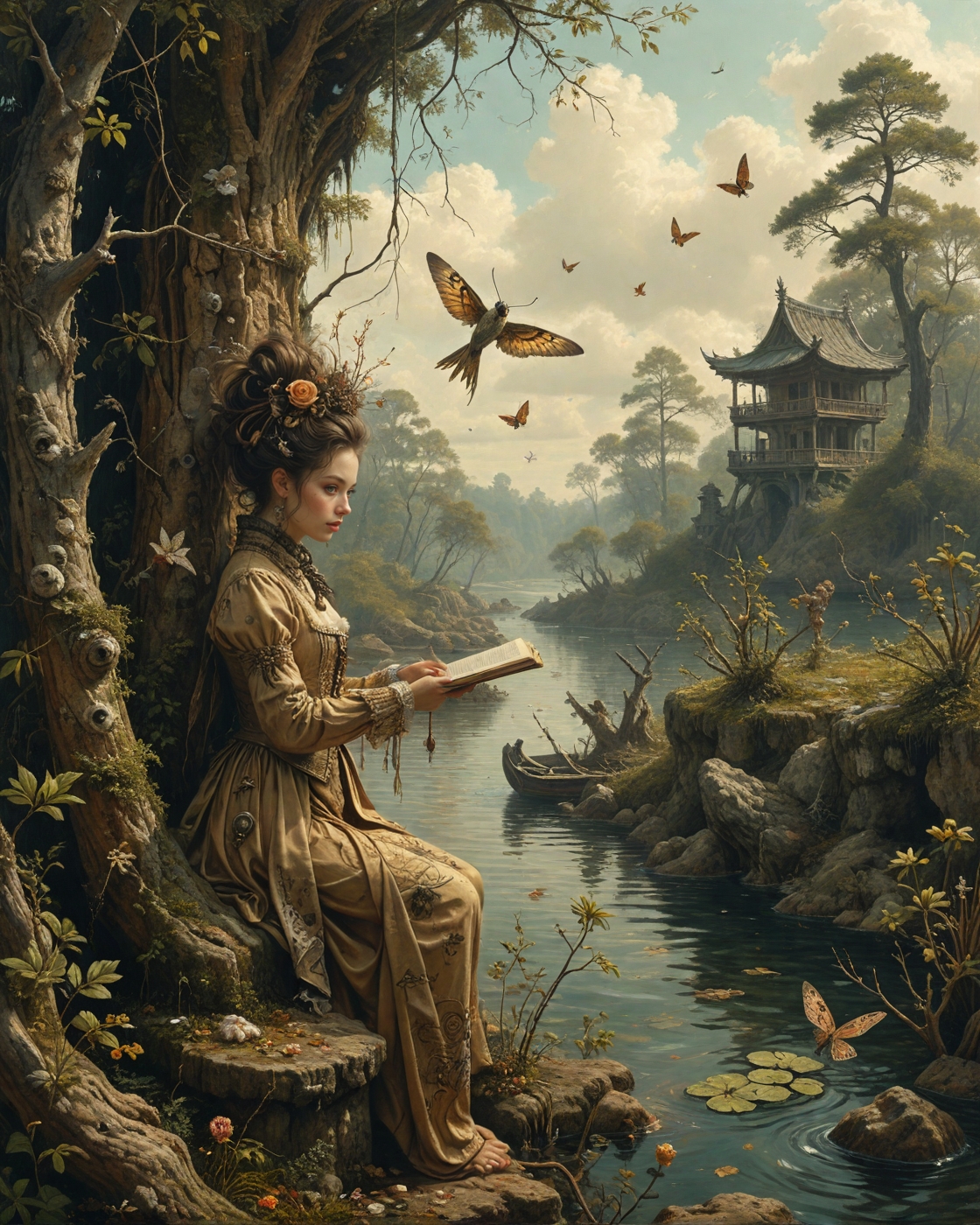 nsfw,bird's-eye view with dramatic foreshortening of a yōkai spirit with paper talisman adornments perched on edge of crumbling structure in front of Arkhip Kuindzhi (chromatic effects), Cypress swamp with still black waters, moth cocoons in crevices, roman milestone marker,lapwing performing display.,
wearing quantum entanglement particle dress made of frozen lightning fractal embroidery with anti-gravity flowing scarf fragments,
steampunk Da Vinci codex sketches in the style of ivan shishkin, underwater caustic ripple dance, burnt manuscript sepia fade,
time dilation frame blending, nomad, dune-rippled, caravan-trailed, diagonal split for dual-narrative contrast, artstation, trending on artstation, highly detailed fantasy art, stocking, intricate, elegant, highly detailed, centered, digital painting, concept art, smooth, sharp focus,
<lora:tbh76-sdxl:0.15> Style of Mark Ryden,
<lora:tbh124-sdxl:0.15> style of Jean-Antoine Watteau,
<lora:tbh129-sdxl:0.15> style of Michael Cheval,
<lora:add-detail-xl:0.7>,
<lora:Flux-XL_Scenery:0.15> flux-scenery,
<lora:Flux-style-xl-lora:0.15> flux-style,
<lora:1dkXLP:0.15> 1dk,
<lora:extremely_detailed:0.8> extremely detailed ,
<lora:urotatoXL10a:0.12> ur0tat0xl10a,