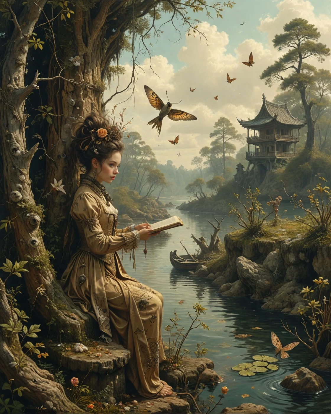 nsfw,bird's-eye view with dramatic foreshortening of a yōkai spirit with paper talisman adornments perched on edge of crumbling structure in front of Arkhip Kuindzhi (chromatic effects), Cypress swamp with still black waters, moth cocoons in crevices, roman milestone marker,lapwing performing display.,
wearing quantum entanglement particle dress made of frozen lightning fractal embroidery with anti-gravity flowing scarf fragments,
steampunk Da Vinci codex sketches in the style of ivan shishkin, underwater caustic ripple dance, burnt manuscript sepia fade,
time dilation frame blending, nomad, dune-rippled, caravan-trailed, diagonal split for dual-narrative contrast, artstation, trending on artstation, highly detailed fantasy art, stocking, intricate, elegant, highly detailed, centered, digital painting, concept art, smooth, sharp focus,
<lora:tbh76-sdxl:0.15> Style of Mark Ryden,
<lora:tbh124-sdxl:0.15> style of Jean-Antoine Watteau,
<lora:tbh129-sdxl:0.15> style of Michael Cheval,
<lora:add-detail-xl:0.7>,
<lora:Flux-XL_Scenery:0.15> flux-scenery,
<lora:Flux-style-xl-lora:0.15> flux-style,
<lora:1dkXLP:0.15> 1dk,
<lora:extremely_detailed:0.8> extremely detailed ,
<lora:urotatoXL10a:0.12> ur0tat0xl10a,