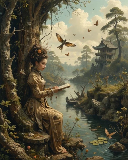 nsfw,bird's-eye view with dramatic foreshortening of a yōkai spirit with paper talisman adornments perched on edge of crumbling structure in front of Arkhip Kuindzhi (chromatic effects), Cypress swamp with still black waters, moth cocoons in crevices, roman milestone marker,lapwing performing display.,
wearing quantum entanglement particle dress made of frozen lightning fractal embroidery with anti-gravity flowing scarf fragments,
steampunk Da Vinci codex sketches in the style of ivan shishkin, underwater caustic ripple dance, burnt manuscript sepia fade,
time dilation frame blending, nomad, dune-rippled, caravan-trailed, diagonal split for dual-narrative contrast, artstation, trending on artstation, highly detailed fantasy art, stocking, intricate, elegant, highly detailed, centered, digital painting, concept art, smooth, sharp focus,
<lora:tbh76-sdxl:0.15> Style of Mark Ryden,
<lora:tbh124-sdxl:0.15> style of Jean-Antoine Watteau,
<lora:tbh129-sdxl:0.15> style of Michael Cheval,
<lora:add-detail-xl:0.7>,
<lora:Flux-XL_Scenery:0.15> flux-scenery,
<lora:Flux-style-xl-lora:0.15> flux-style,
<lora:1dkXLP:0.15> 1dk,
<lora:extremely_detailed:0.8> extremely detailed ,
<lora:urotatoXL10a:0.12> ur0tat0xl10a,