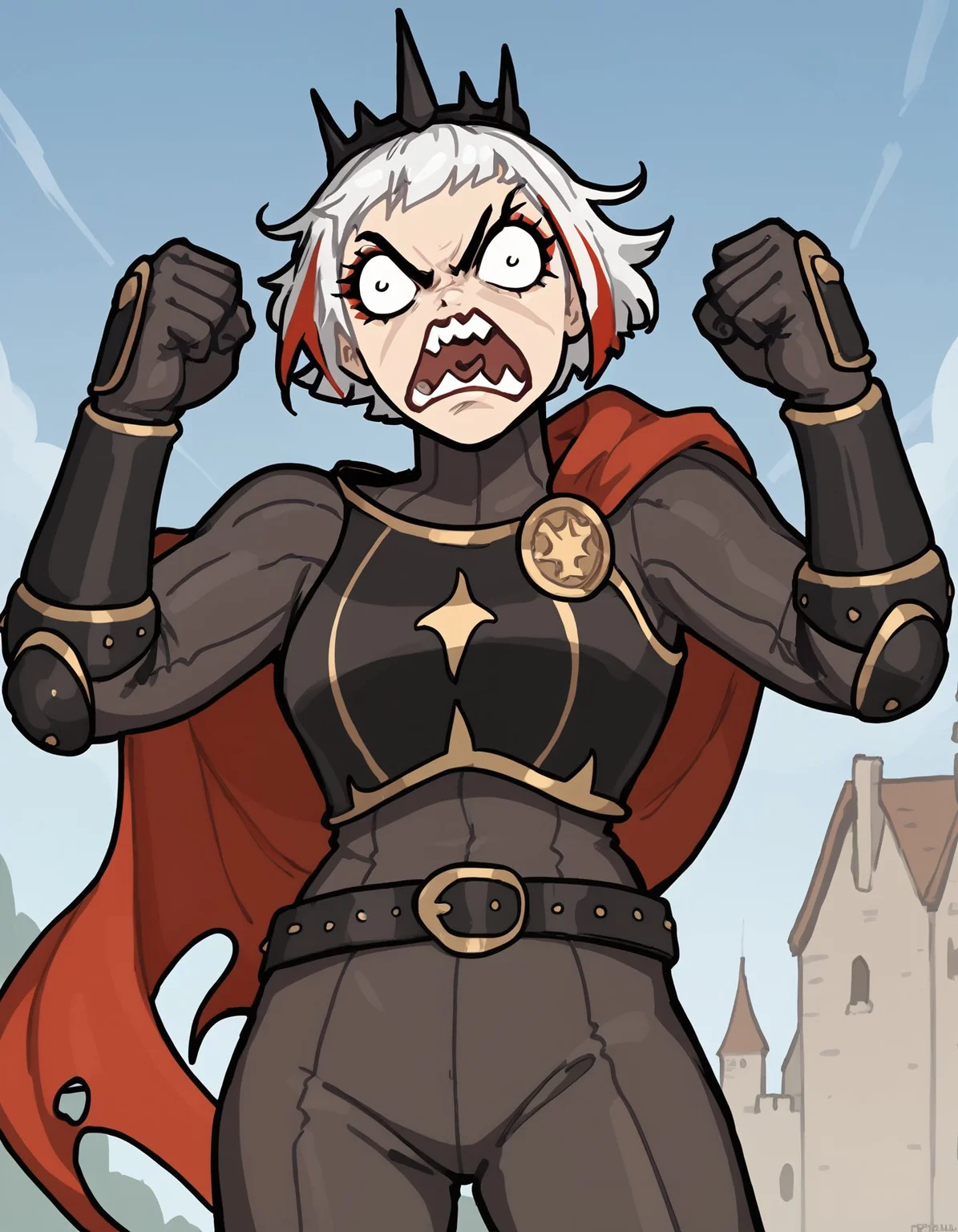 score_9, score_8_up, score_7_up, score_6_up BREAK, portrait, fists, clenched hands, open mouth, shouting, rage, angry, outdoors, castle, 1girl, solo, short hair, white hair, multicolored hair, makeup, scar, crown, armor, gloves, bracers, belt, bodysuit, cape <lora:add-detail-xl:0.3> <lora:Ulfger_PDXL:0.7> <lora:Lunas-Afrobull-SDXL-A1:0.8> <lora:rage_r1:0.8>