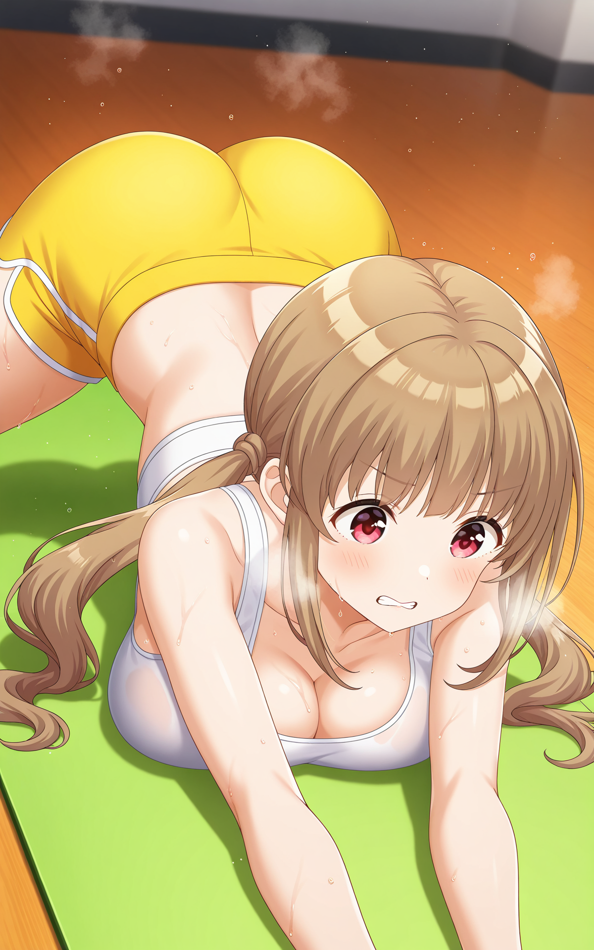 masterpiece, best quality, good quality, newest,4k, perfect lighting, cinematic, very aesthetic, official art, anime screencap, anime coloring,
1girl,solo,natsumi,brown hair,long hair,twintails,red eyes,white sports bra,yellow shorts,large breasts,cleavage,breast press,
stretching,lying,on stomach,clenched teeth,jack-o' challenge,sweat,steaming body,on yoga mat, BREAK
<lora:ILnatsumi:0.9>