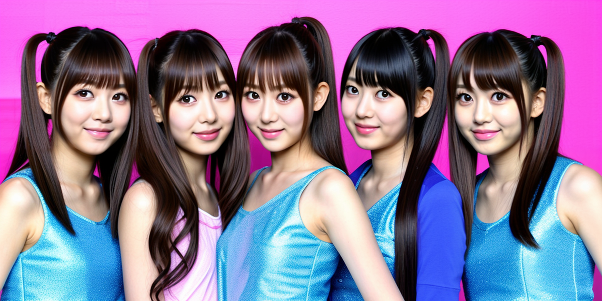 fashionable japanese female idol,5 women, a photo of five 18 year old japanese women with different faces and different hairstyles and they are wearing the same clothes,brown hair, twintails, smile, black hair,long hair, looking at viewer, face close-up,ponytail, bangs,cleavage, <lora:five women_V2:0.75>,flash photography,<lora:flash photography photoV3:0.5>,idol stage background<lora:LCM_LoRA_Weights_SD15å éå¨:1>