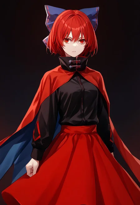 score_9, score_8_up, score_7_up, score_6_up, score_5_up, score_4_up, source_anime, solo, 1girl,
sekibanki, red hair, red eyes, blue bow, black shirt, long sleeves, red skirt, two-tone cape,
masterpiece, best quality, very aesthetic, absurdres,